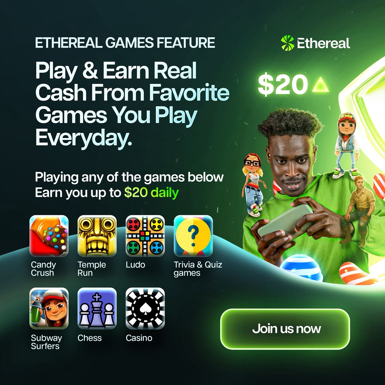 Ethereal, play and earn, social media earning